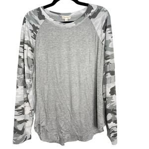 New Hem & Thread Large L Gray Heather Camo Print Long Raglan Sleeve Tee Tshirt